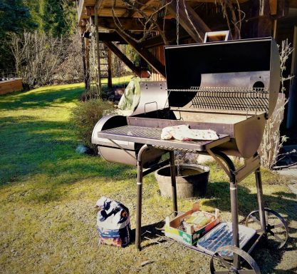 Grill auf einem Wagen im Freien, umgeben von Rasen und Bäumen.
