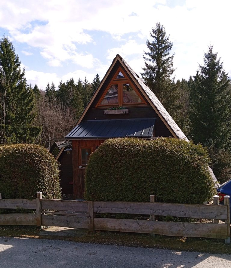 Charmantes Ferienhaus im Chiemgau Kleines, holzverkleidetes Haus mit dreieckigem Dach, umgeben von Bäumen und Sträuchern.