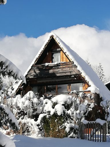 Charmantes Ferienhaus im Chiemgau mit Schneedecke, umgeben von verschneiten Bäumen und blauem Himmel.