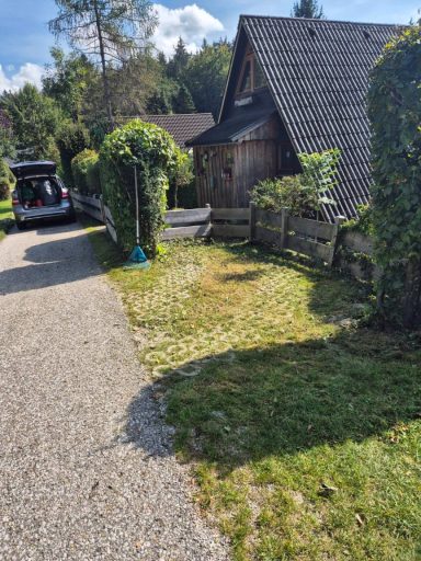 Ein Gartenweg mit einem Auto und einem Holzhaus, umgeben von grünen Hecken.